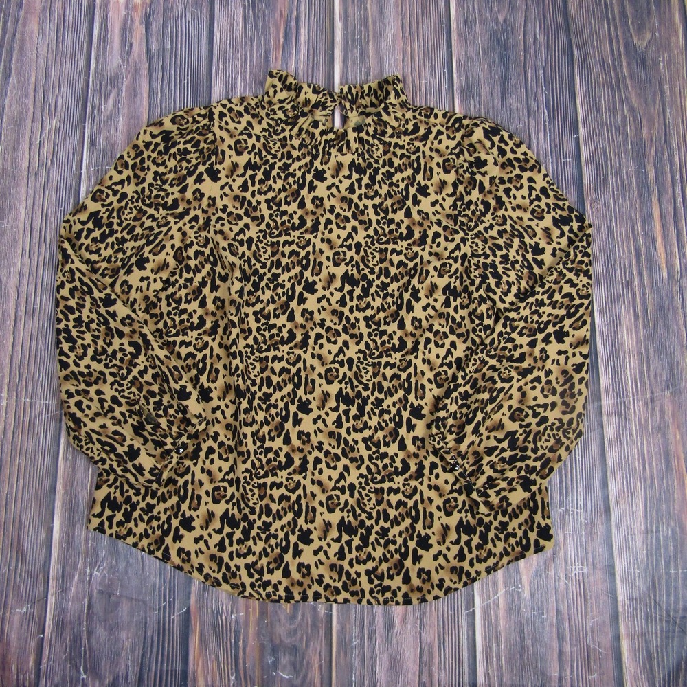 J.Crew Blouse Womens Medium Leopard Print Ruffle Neck Long Sleeve AJ555